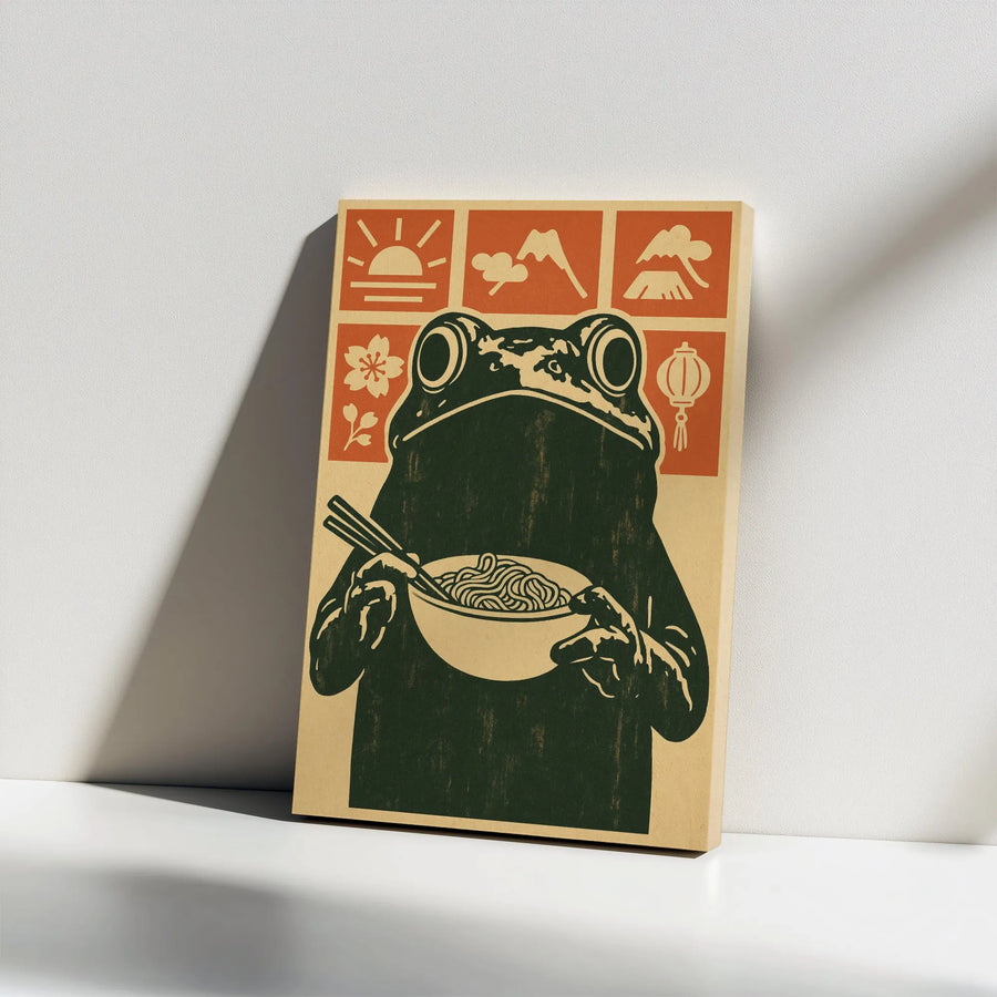Japanese Ramen Frog Wall Art | Vintage Aesthetic Mt Fuji Canvas Print | 1.25-Inch Gallery Wrap | Premium Decor for Kitchen or Dining Room