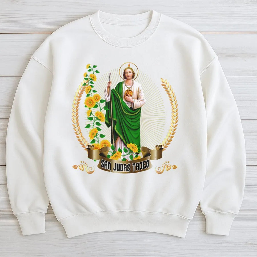 San Judas Tadeo Sweatshirt | Catholic Religious Graphic Apparel | Cotton Blend Crewneck | Saint Jude Devotion Faith Gift For Men And Women