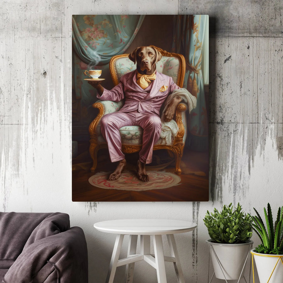 Dog Portrait Wall Art | Distinguished Gentleman in Pink Suit with Teacup | Premium Gallery Wrap Canvas | Unique Animal Lover Home Decor Gift