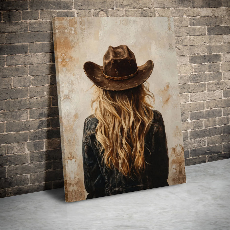 Western Cowgirl Wall Art | Blonde Woman in Cowboy Hat Portrait | Premium Fade-Resistant Canvas | Rustic Farmhouse Home Decor Gift