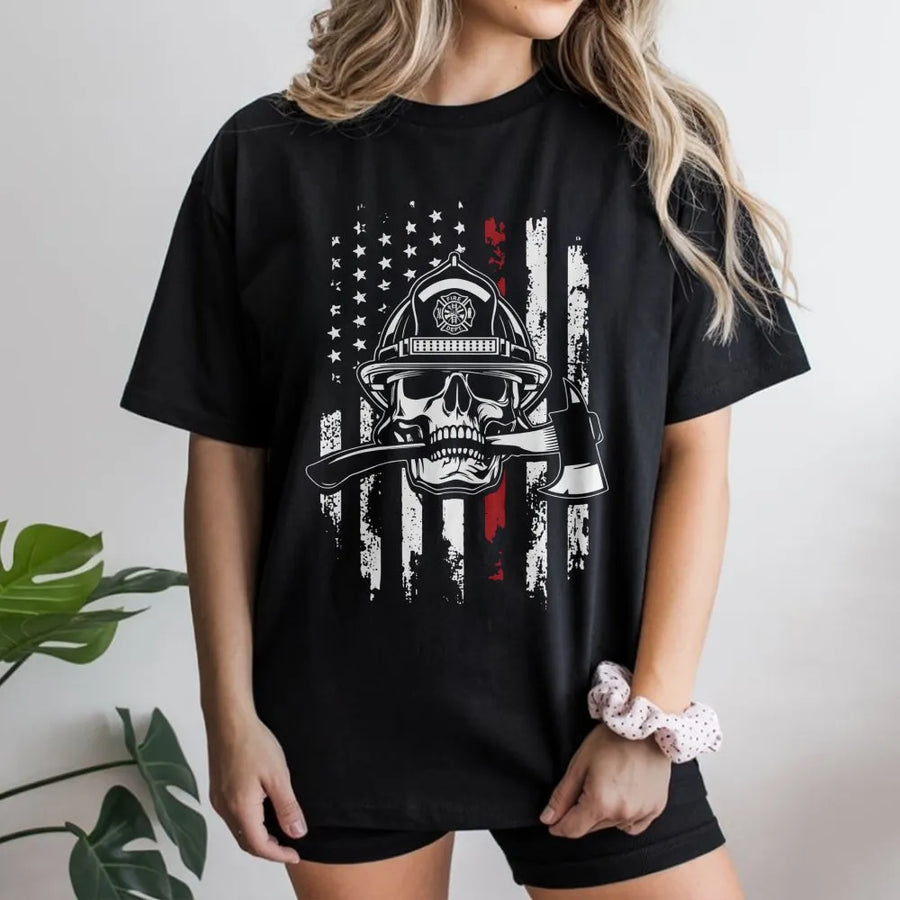 Firefighter Skull T-Shirt | Thin Red Line Flag Graphic | Premium Cotton Apparel | Gift For Fireman First Responder