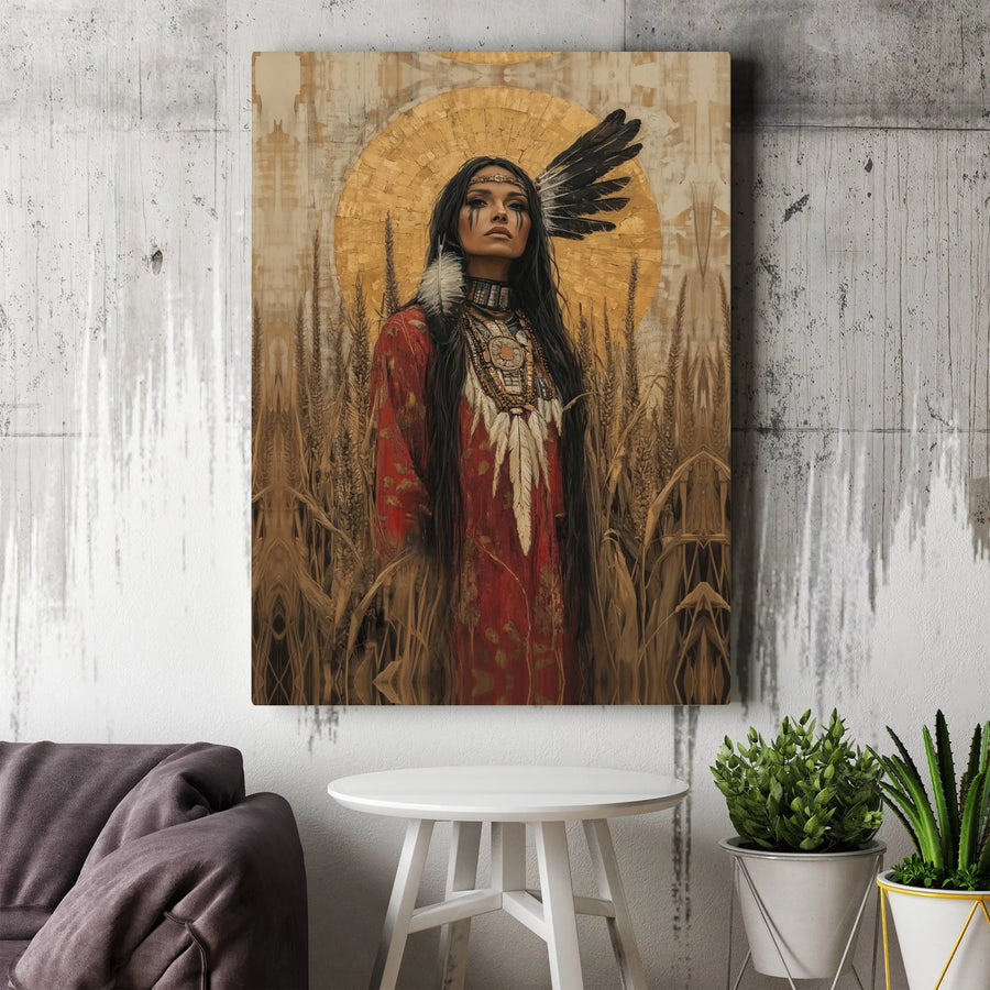 Native American Woman Canvas Wall Art | Golden Halo Wheat Field Print | Gallery-Quality 1.25" Framed Canvas | Southwestern Home Decor Gift