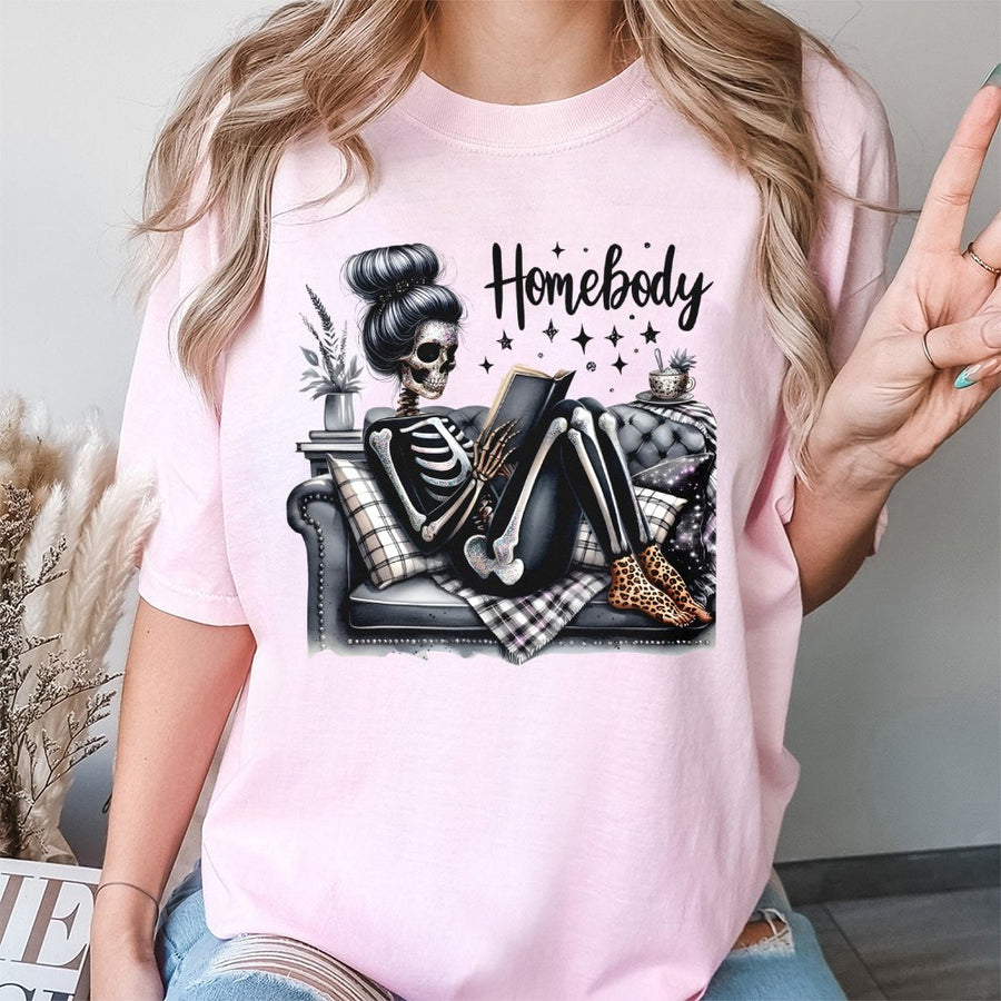 Homebody Skeleton Reading Book T-Shirt | Relaxed Aesthetic Graphic Tee | 100% Premium Cotton | Perfect Gift for Introverts & Readers