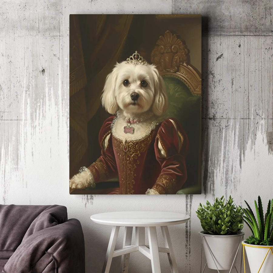 Royal Dog Portrait Canvas | Renaissance Queen Maltese Painting | Premium Gallery Wall Art | Unique Gift for Dog Lover