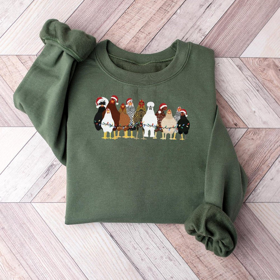 Christmas Chicken Sweatshirt | Festive Chickens with Holiday Lights Graphic | Soft Cotton Blend Fleece | Funny Gift for Chicken Lovers & Farmers