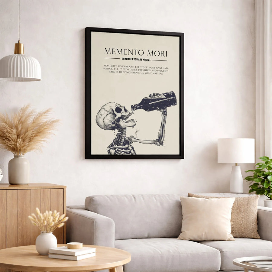 Memento Mori Canvas Art | Skeleton Drinking Bottle Wall Decor | Gallery-Wrapped Premium Print | Stoic Philosophy Gift for Office or Home