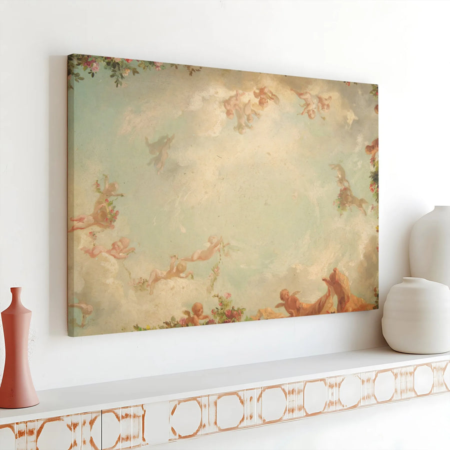 Vintage Angel Cherub Painting Canvas Wall Art | Romantic Heavenly Sky Painting | Premium Gallery Wrapped Print | Classic Home Decor Gift