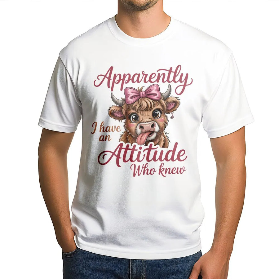Highland Cow Graphic T-Shirt | Apparently I Have An Attitude Sassy Quote | Premium Soft Cotton Tee | Funny Gift for Women & Cow Lovers