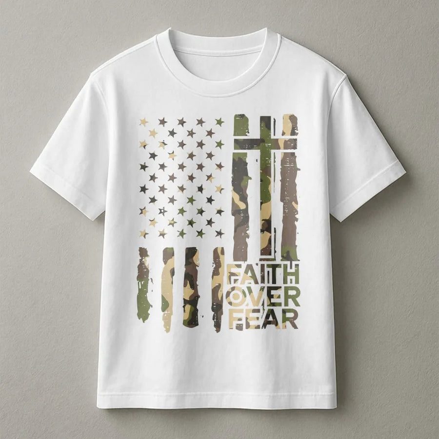 Faith Over Fear T-Shirt | Camo American Flag Cross Graphic | Premium Soft Cotton Tee | Patriotic Christian Gift for Men and Women