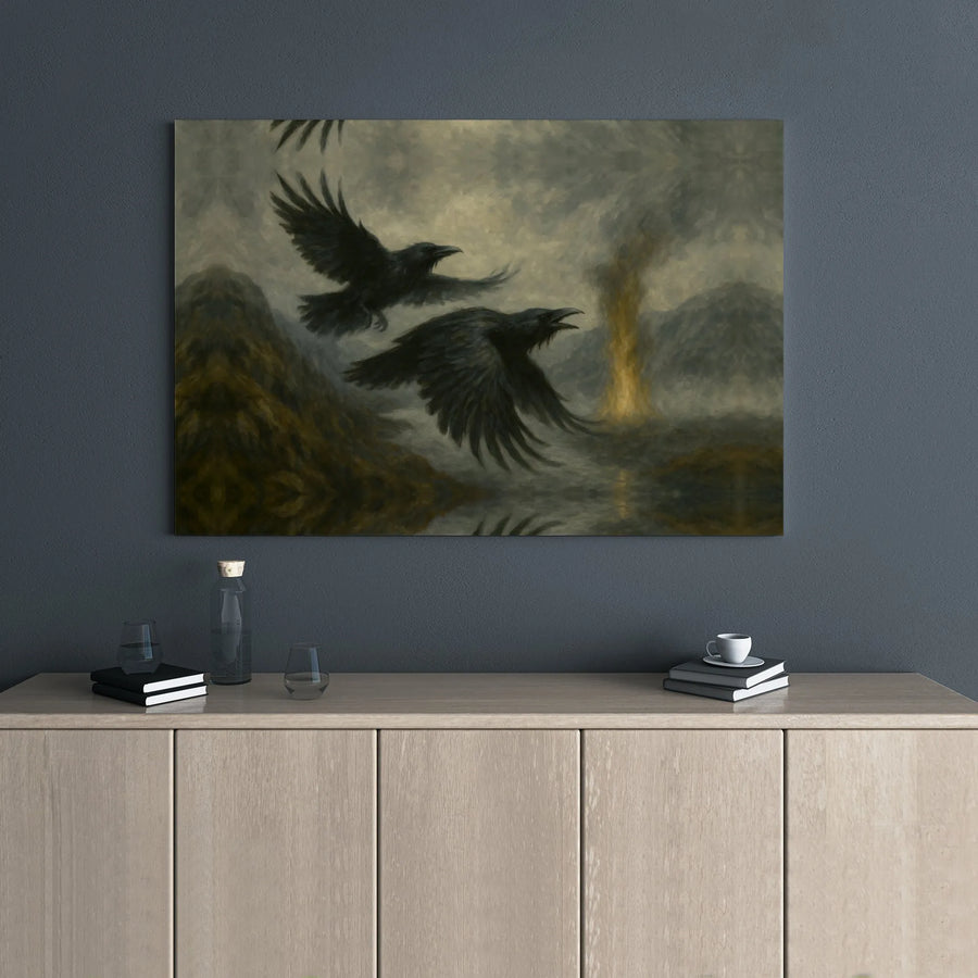 Raven Wall Art Canvas | Moody Gothic Mountain Landscape Print | Premium 1.25" Gallery Wrap | Dark Academia Home Decor Gift For Nature Lovers