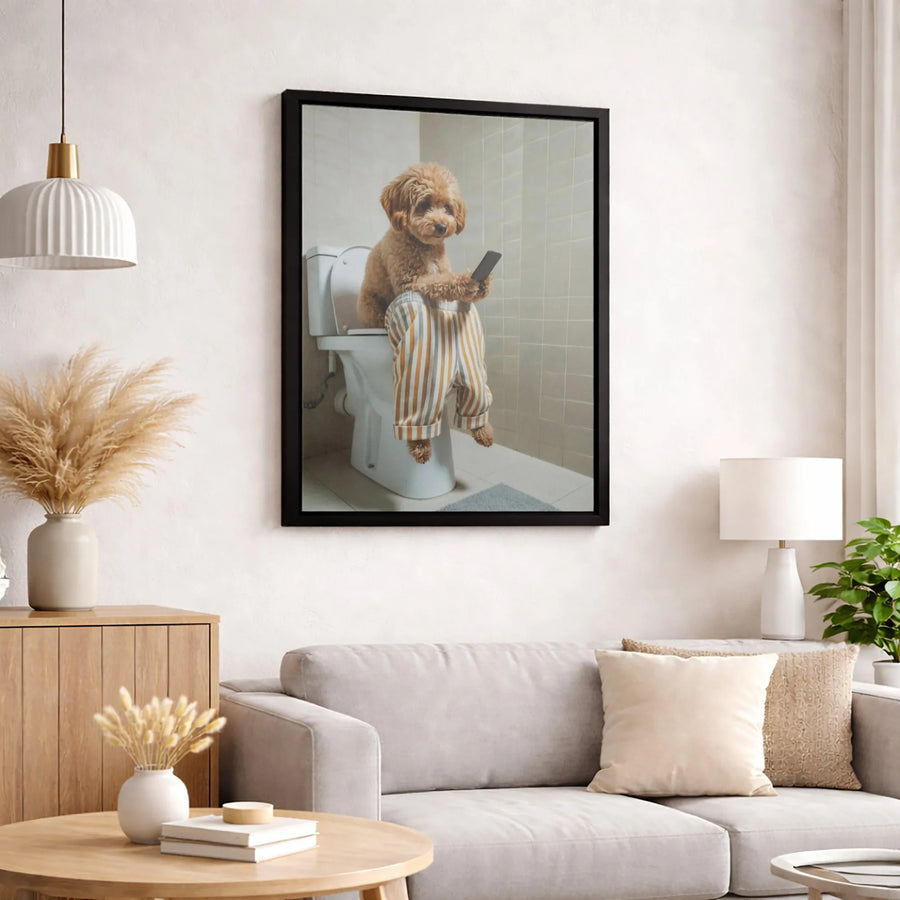 Funny Dog Toilet Poster | Poodle in Striped Pajamas Using Phone | Premium Gallery Wrapped Canvas | Humorous Bathroom Wall Art Decor Gift