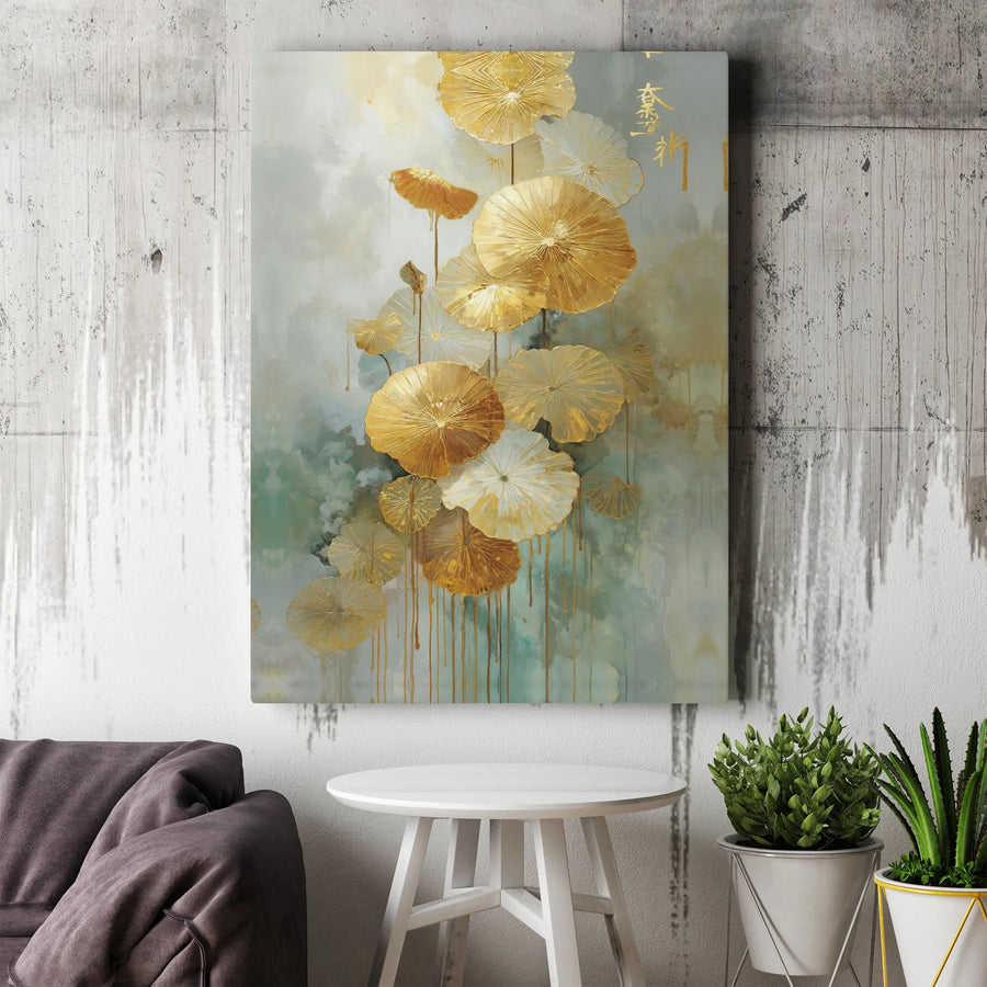 Golden Lotus Leaf Canvas Print | Abstract Teal and Gold Wall Art with Asian Kanji Script | Premium Gallery Wrapped Canvas | Modern Zen Home Decor Gift