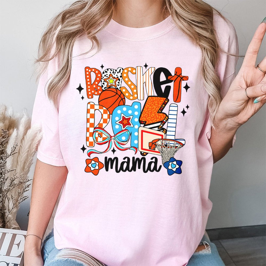 Basketball Mama T-Shirt | Checkered Coquette Game Day Design | Premium 100% Cotton | Stylish Gift For Basketball Moms