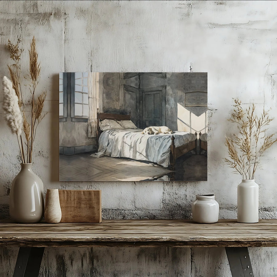 Sleeping Dog Watercolor Canvas Print | Sunlit Bedroom Art | Premium 1.25-Inch Gallery Wrap | Cozy Home Decor Gift for Pet Lovers