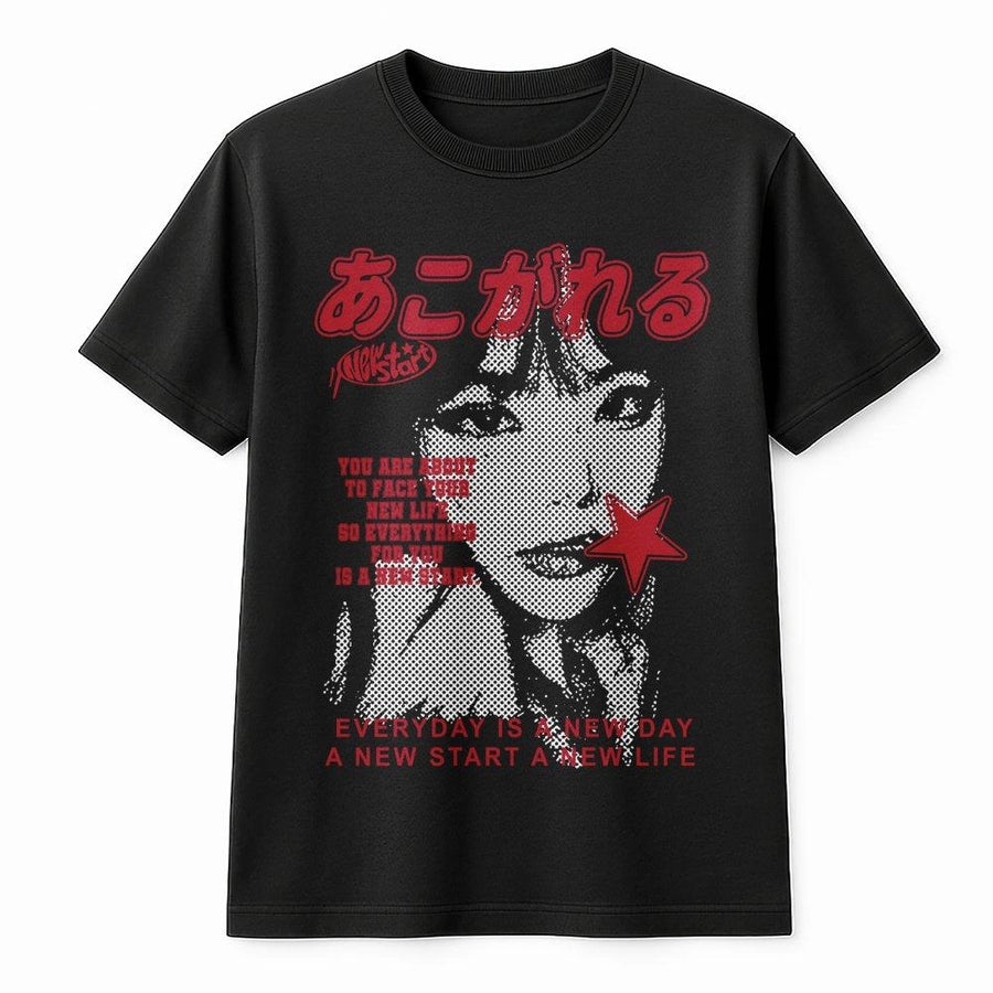 New Start Graphic T-Shirt | Japanese Aesthetic Streetwear Quote | Premium 100% Cotton Tee | Gift for Y2K Style Lovers & Urban Fashion Enthusiasts