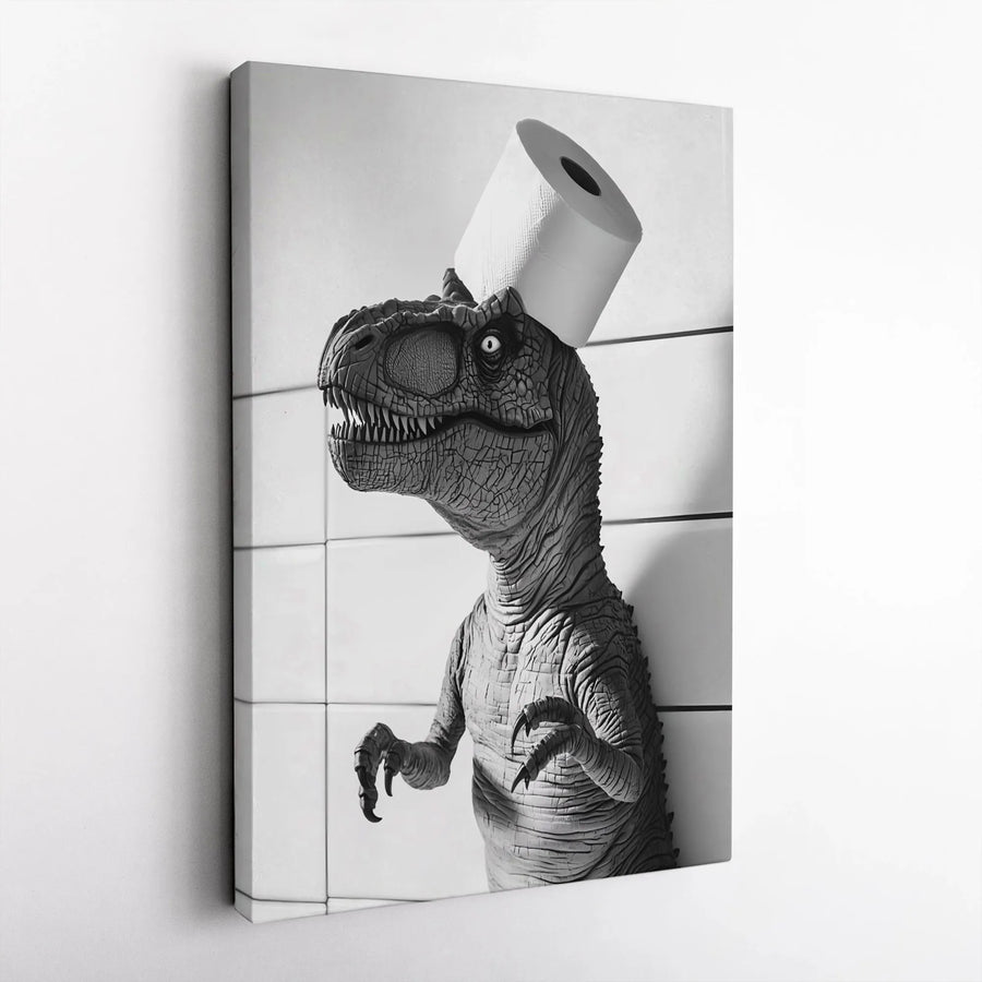 Funny T-Rex Canvas Wall Art | Dinosaur Wearing Toilet Paper Roll | Premium Black and White Gallery Print | Unique Bathroom Decor Gift