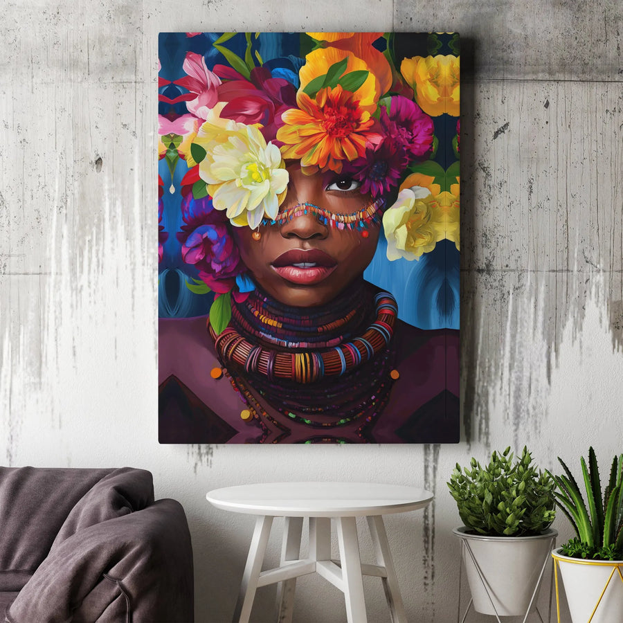 Black Woman with Flowers Canvas Print | Vibrant Floral Headdress Portrait | Premium Gallery Wrapped Canvas | Modern Afrocentric Home Decor Gift