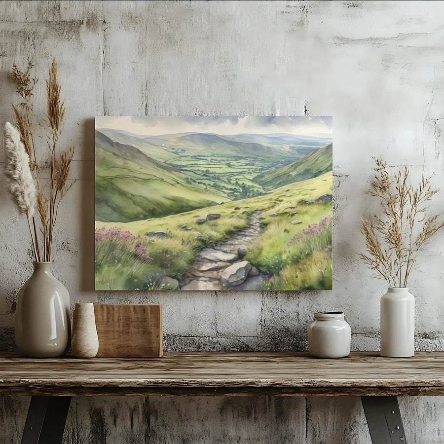 Green Valley Landscape Canvas Print | Watercolor Hiking Trail Wall Art | Premium Gallery Wrap | Nature Lover Home Decor Gift