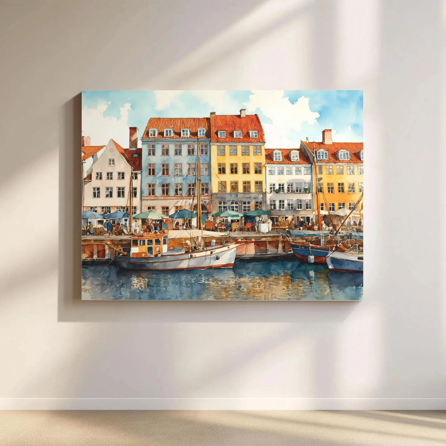 Nyhavn Copenhagen Watercolor Canvas | Colorful Harbour Dock Scene | Premium Gallery-Wrapped Print | Travel Lover Home Decor Gift