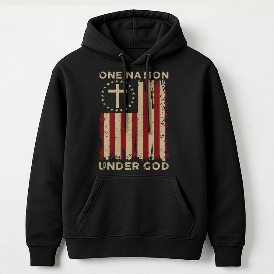 One Nation Under God Hoodie | American Flag Cross Graphic | Premium Cotton Blend | Patriotic Christian Gift for Men and Women