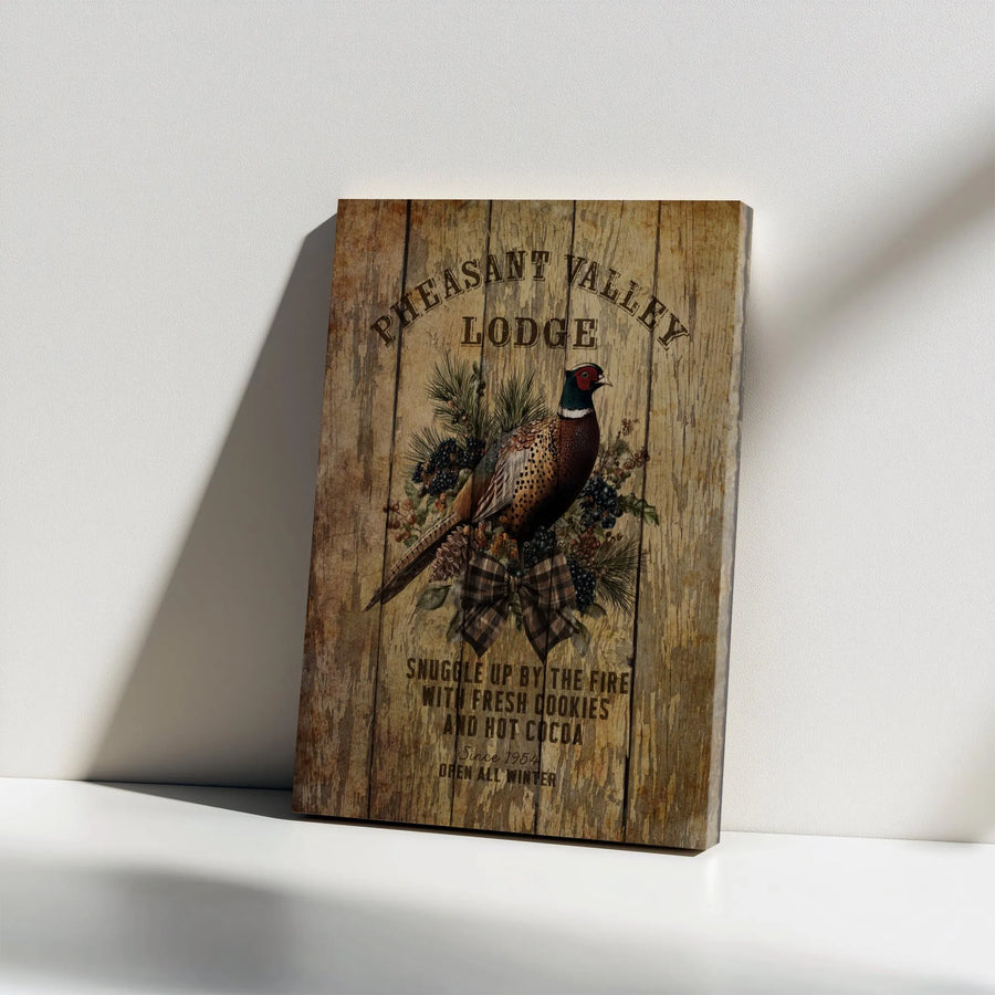 Pheasant Valley Lodge Canvas Wall Art | Rustic Winter Cabin Decor | Premium Gallery Wrap Print | Wildlife Gift for Hunters and Cabin Lovers
