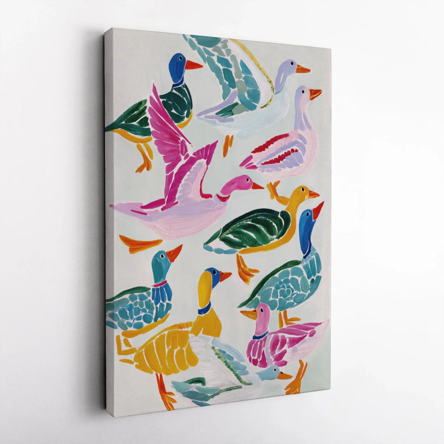 Colorful Duck Flock Canvas Wall Art | Stylized Impressionist Bird Print | 1.25-Inch Gallery Wrap | Premium Decor for Farmhouse or Modern Home