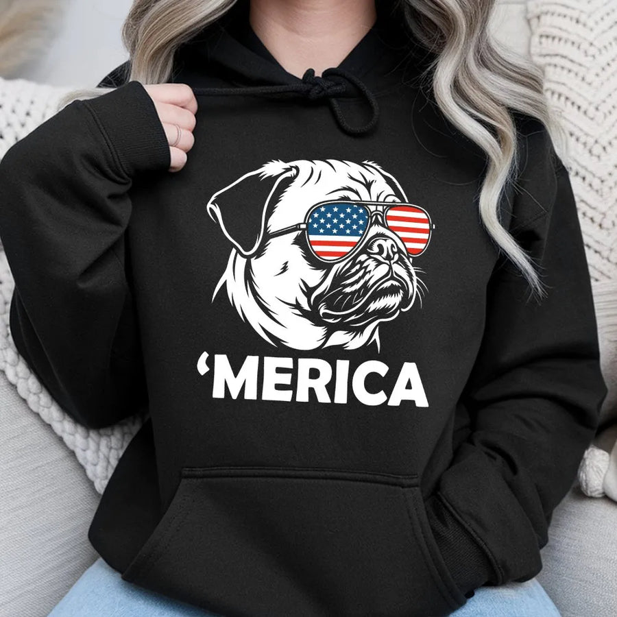 Funny 4th of July Pug Hoodie | 'Merica Dog with Sunglasses | Premium Soft Cotton Blend | Patriotic Gift for Pug Owner