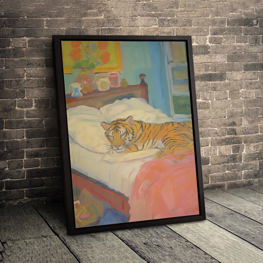 Tiger on Bed Canvas Art | Whimsical Animal Oil Painting Style Print | Premium Gallery-Wrapped Wall Decor | Unique Gift for Animal Lovers