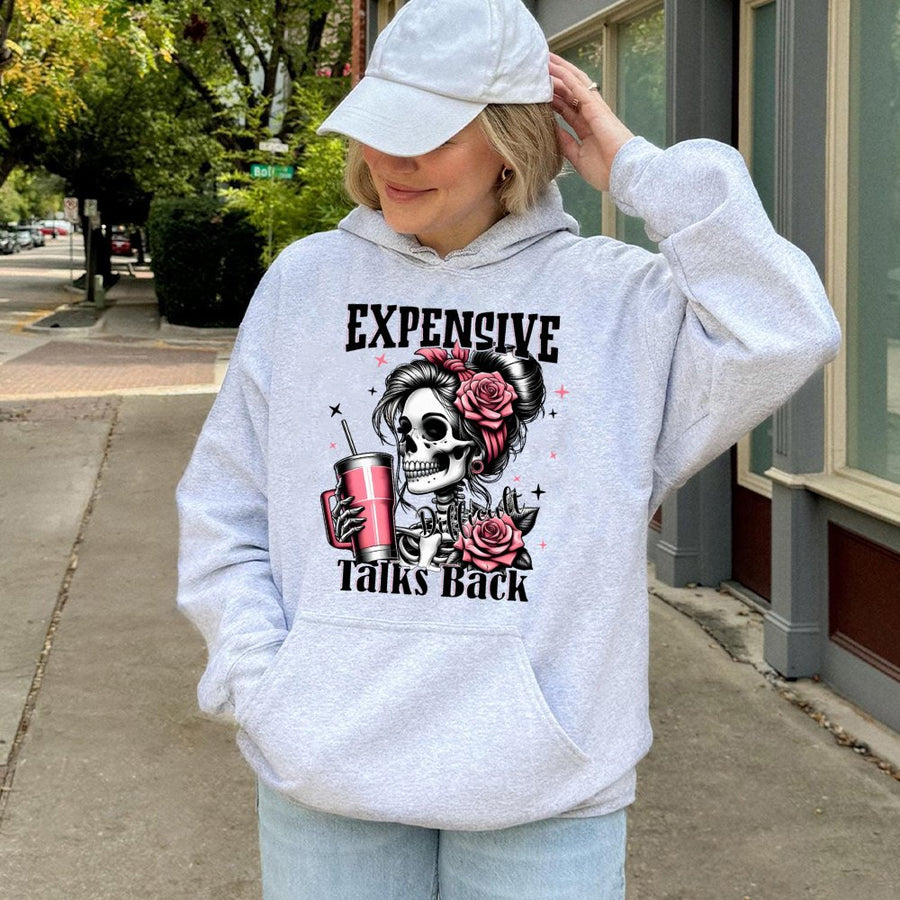 Expensive Talks Back Hoodie | Sassy Skeleton Graphic Sweatshirt | Premium Cotton-Blend | Aesthetic Baddie Streetwear Gift for Her