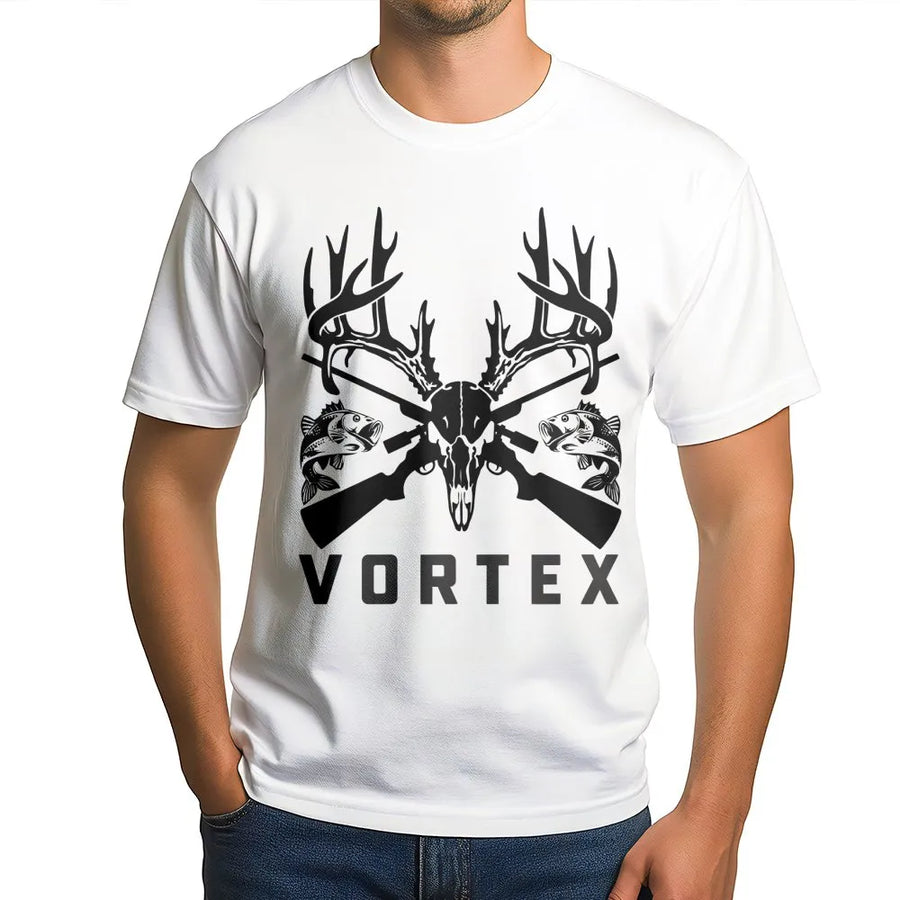 Hunting and Fishing T-Shirt | Deer Skull Antler and Bass Graphic | Premium Cotton Unisex Outdoor Tee | Gift for Outdoorsman Hunter Angler