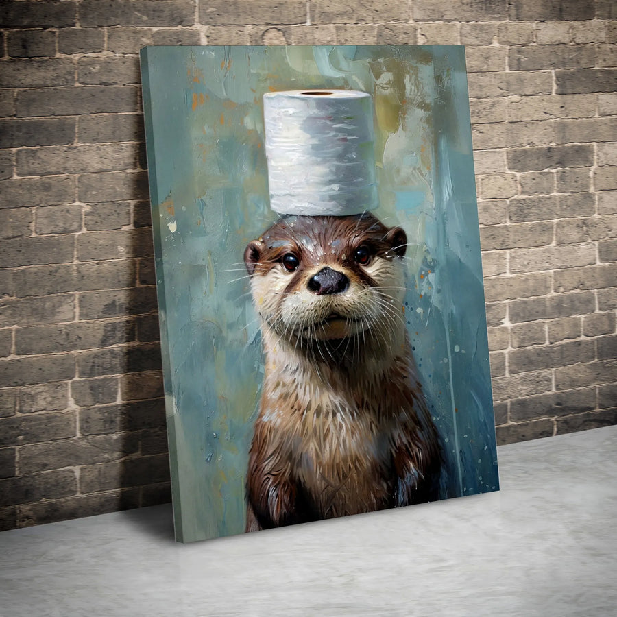Funny Otter Canvas Wall Art | Otter with Toilet Paper Roll Painting | Premium Gallery Wrapped Canvas | Unique Bathroom Decor Gift