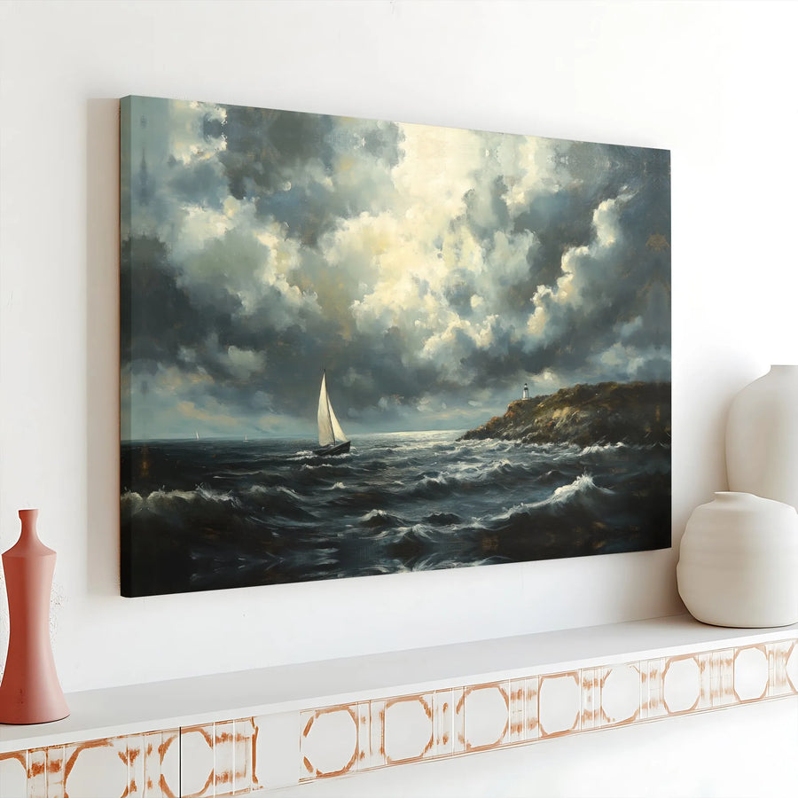 Dramatic Seascape Canvas Print | Moody Ocean Sailboat & Lighthouse Artwork | Gallery Wrapped Premium Wall Decor | Coastal Living Room Gift