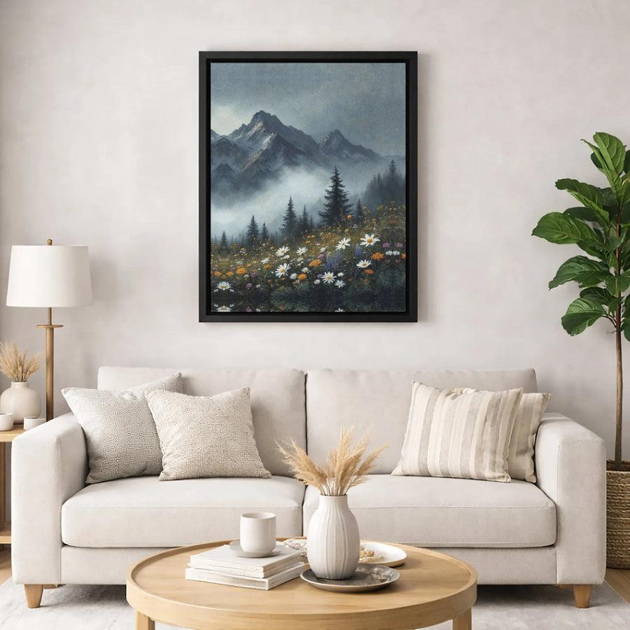 Misty Mountain Landscape Canvas Art | Wildflower Meadow Print | Premium 1.25-Inch Gallery Wrap | Nature Wall Decor For Home Office