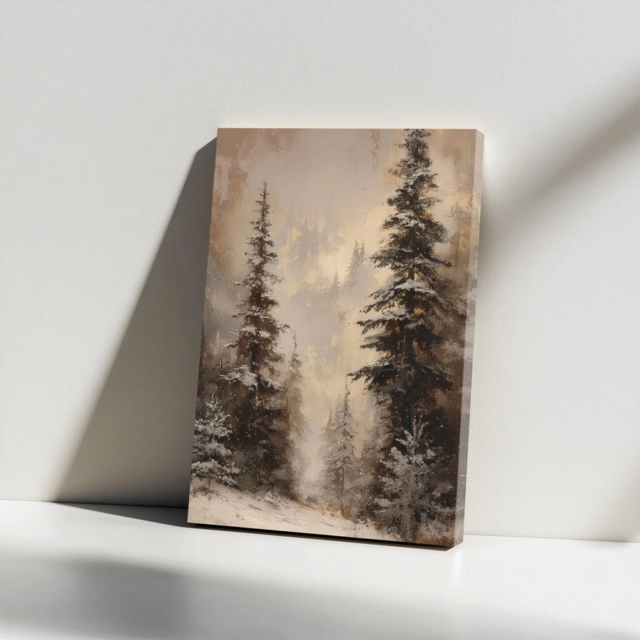 Misty Winter Forest Canvas Art | Snow-Covered Pine Trees Landscape | Premium Gallery-Wrapped Print | Nature-Inspired Home Office Decor Gift