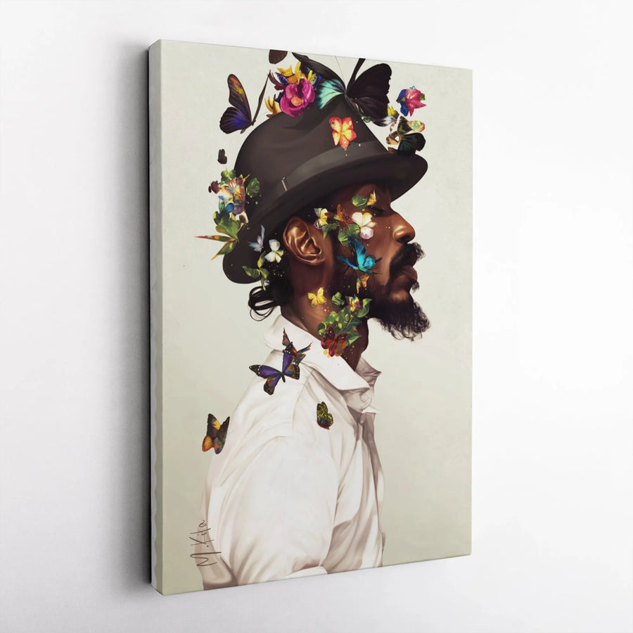 Black Man Art Canvas Print | Surrealist Portrait with Butterflies and Flowers | 1.25" Gallery Wrap | Modern Home Decor Gift