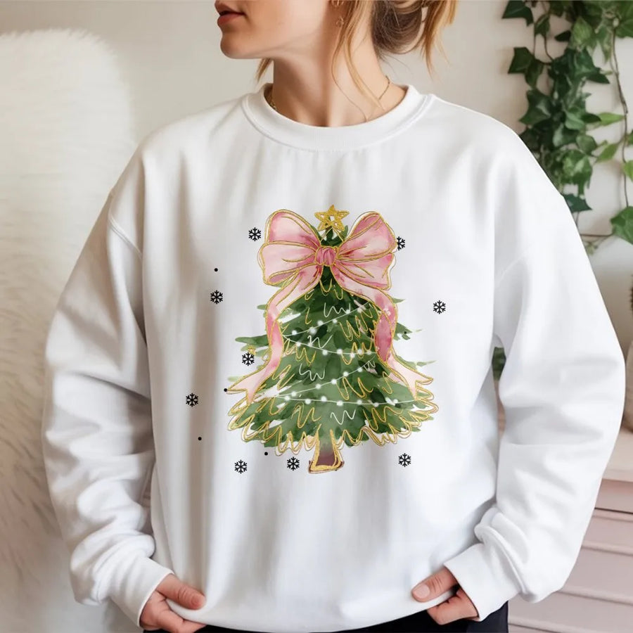 Coquette Christmas Tree Sweatshirt | Aesthetic Pink Bow Holiday Graphic | Soft Cotton Blend Unisex Pullover | Trendy Winter Gift For Her