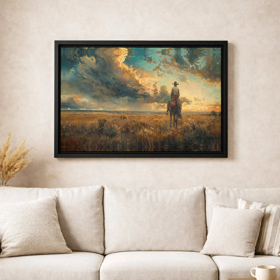 Western Cowboy Canvas Print | Sunset Prairie Landscape Art | Premium Fade-Resistant Gallery Wrap | Rustic Home Decor Wall Art Gift for Horse Lovers