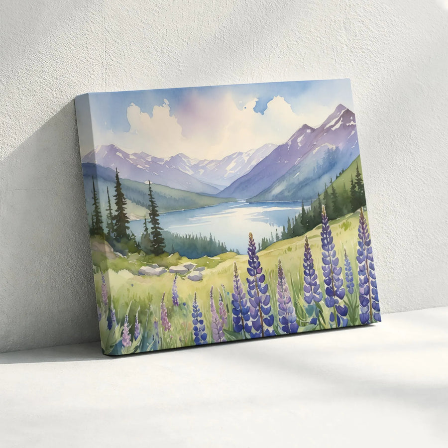 Mountain Landscape Canvas Wall Art | Watercolor Lake Scene with Lupine Wildflowers | Premium Gallery Quality Print | Nature Inspired Gift for Home Decor