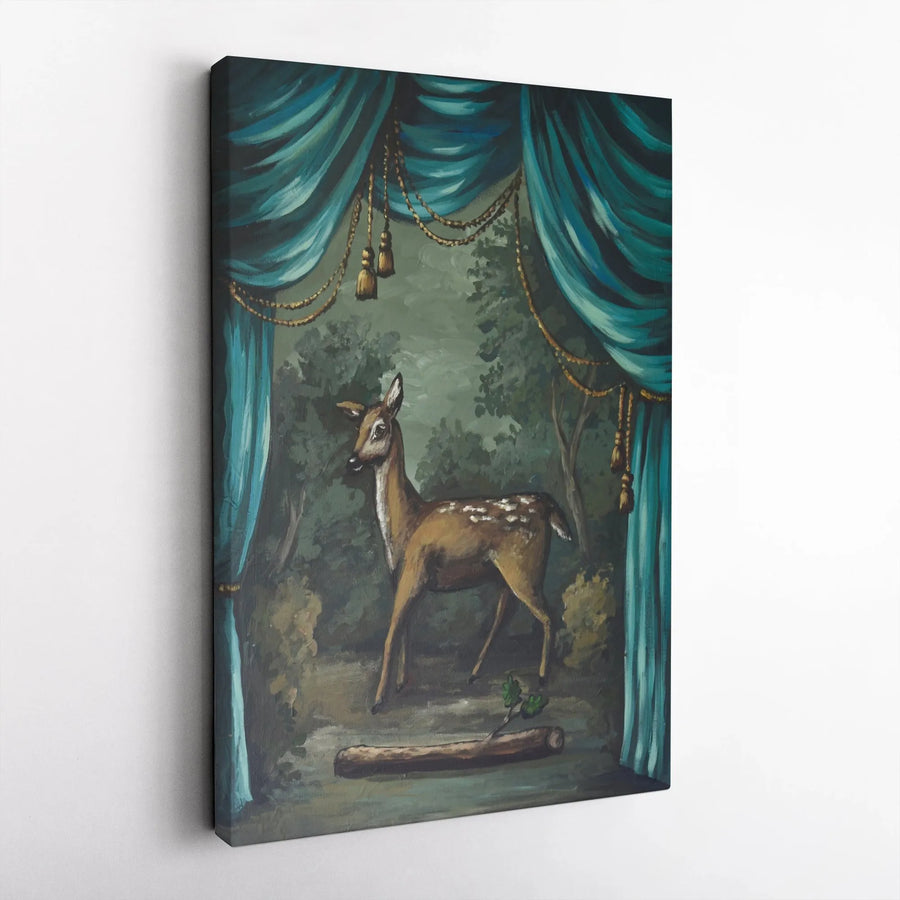 Vintage Deer Vertical Canvas | Theatrical Forest Scene Wall Art | Premium Gallery Wrapped Print | Eclectic Home Decor Gift