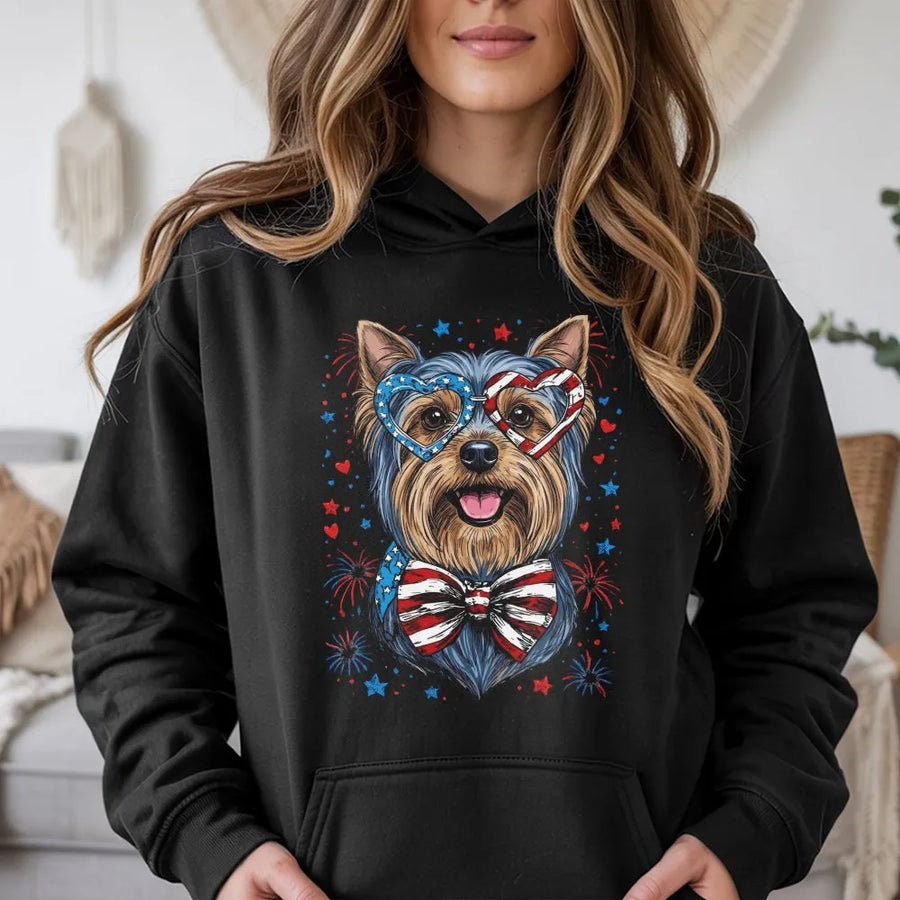 Patriotic Yorkie Hoodie | USA Flag Sunglasses & Fireworks | Premium Cotton Blend | 4th of July Dog Lover Gift