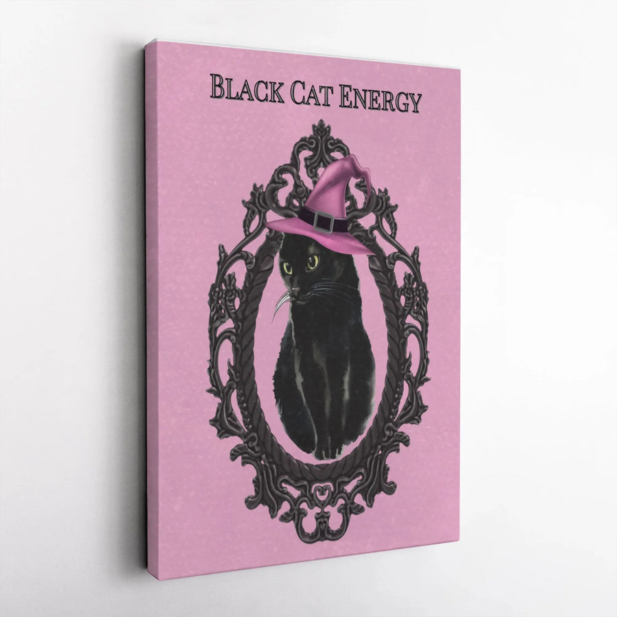 Black Cat Energy Canvas Wall Art | Witchy Pink Gothic Home Decor | Premium Gallery Wrap Print | Whimsical Halloween Gift for Cat Lovers