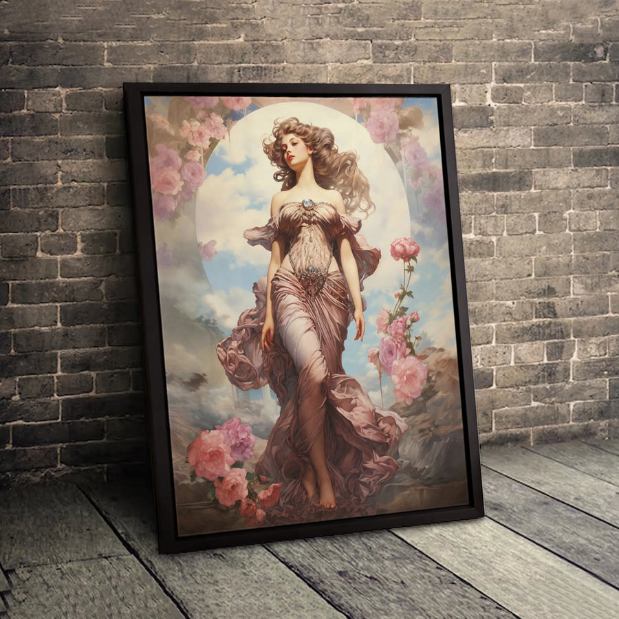 Art Nouveau Goddess Canvas Print | Flowing Gown Pink Rose Fantasy Art | Premium Fade-Resistant Gallery Wrap | Elegant Home Decor Wall Art Gift