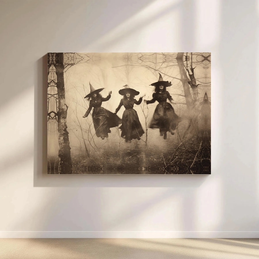 Vintage Witches Canvas Wall Art | Spooky Coven Sepia Photograph | Premium Gallery Wrapped Canvas | Gothic Halloween Home Decor Gift