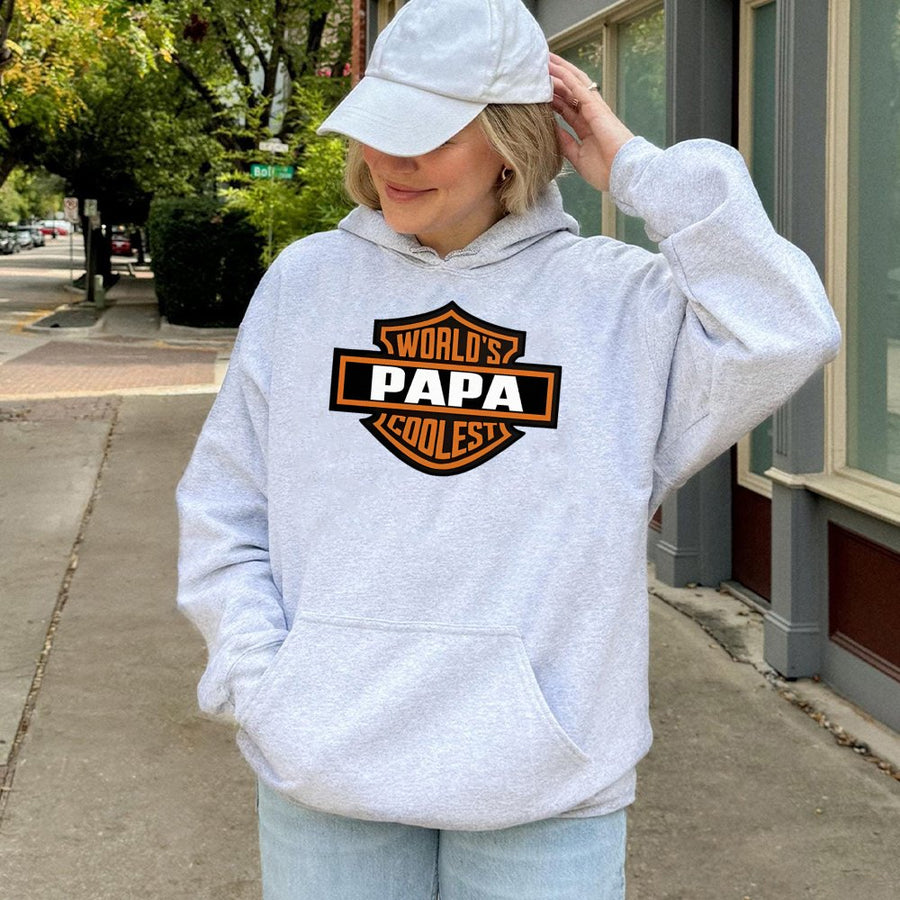 Worlds Coolest Papa Hoodie | Motorcycle Club Shield Design | Cotton-Poly Blend | Father's Day 2026 Gift Idea For Grandpas And Dads