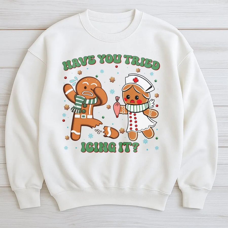 Nurse Christmas Sweatshirt | Funny Gingerbread Have You Tried Icing It Design | Premium Cotton Blend | Holiday Gift for Nurses RN LPN