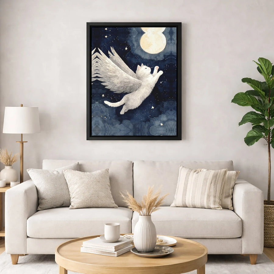 Celestial Cat Canvas Wall Art | Angelic White Kitty Flying in Starry Night Sky | Premium Fade-Resistant Gallery Wrap | Whimsical Home Decor Gift