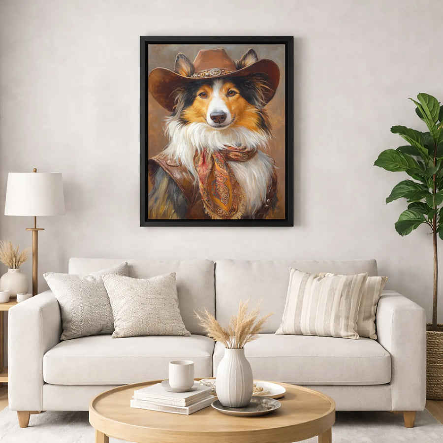 Shetland Sheepdog Cowboy Portrait Canvas | Western Dog Wall Art | Gallery Quality Fade-Resistant Print | Unique Gift for Sheltie Lovers