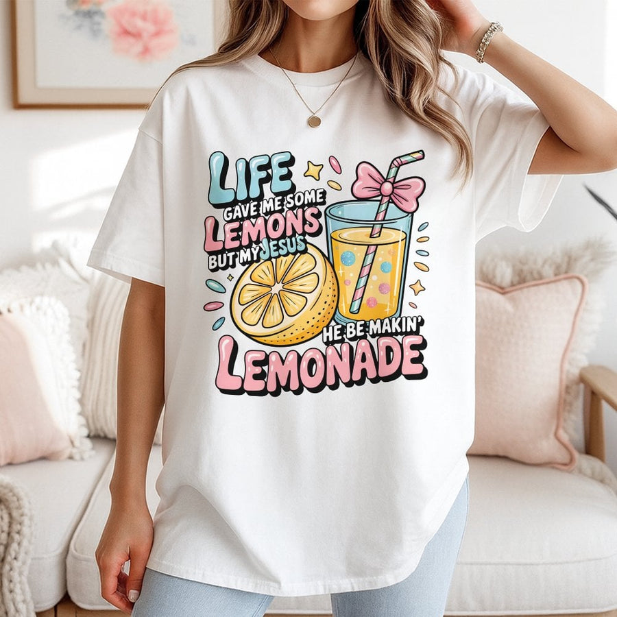 Life Gave Me Lemons But My Jesus Made Lemonade T-Shirt | Pastel Christian Faith Graphic Tee | Premium 100% Cotton | Religious Gift for Women