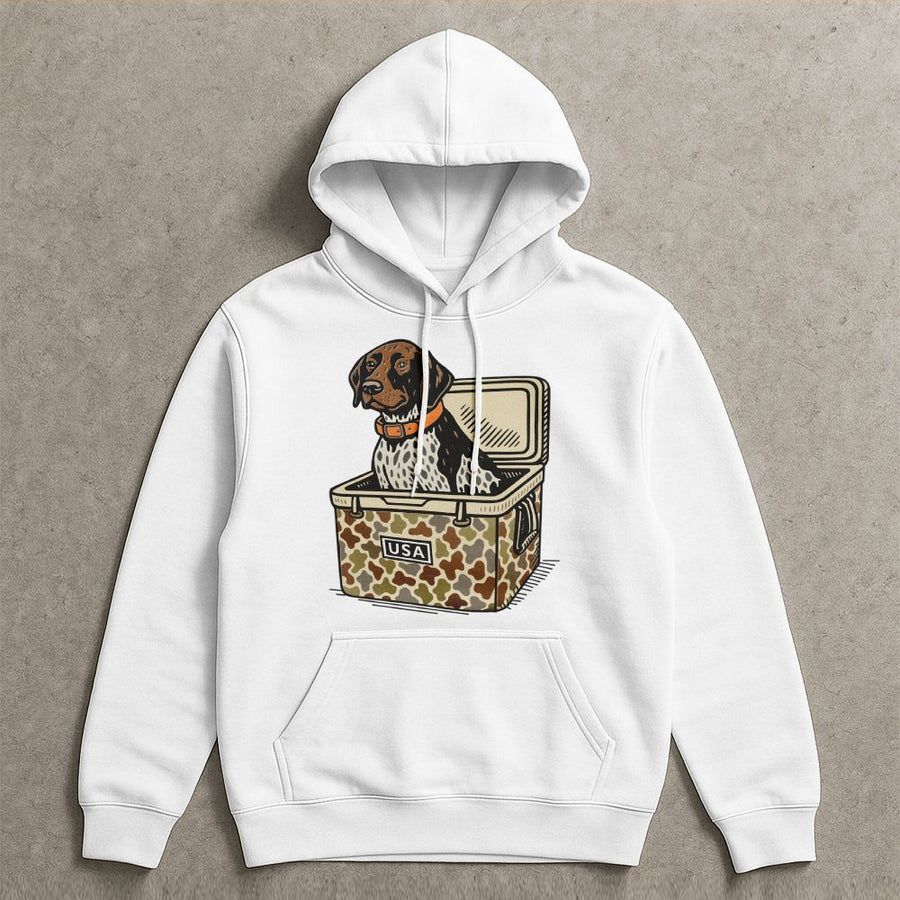 German Shorthaired Pointer Hoodie | GSP Hunting Dog In Camo Cooler Graphic | Premium Cotton Blend | Gift For Outdoorsman Dog Lovers