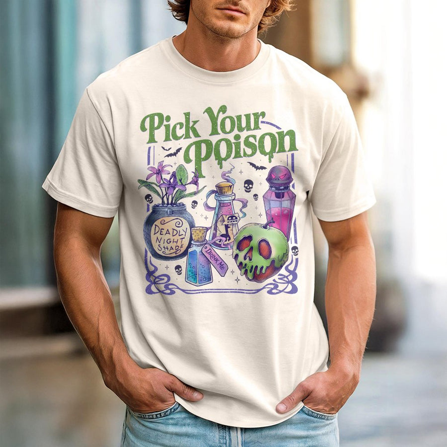 Pick Your Poison T-Shirt | Spooky Witchy Potion Bottle Design | 100% Soft Cotton Premium Tee | Halloween Graphic Gift for Women & Men